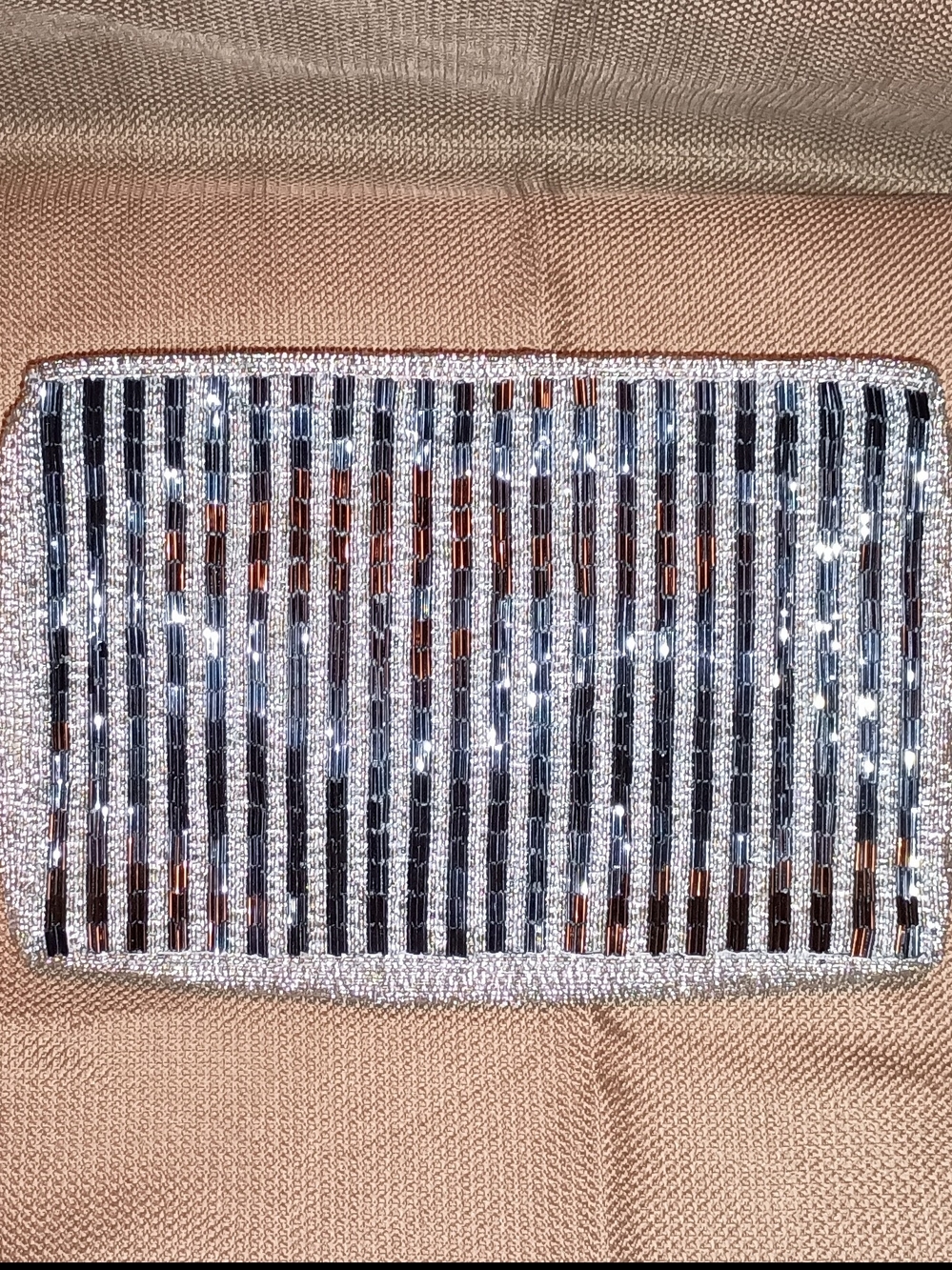 Sequined Striped Beaded Clutch - Silver & Black